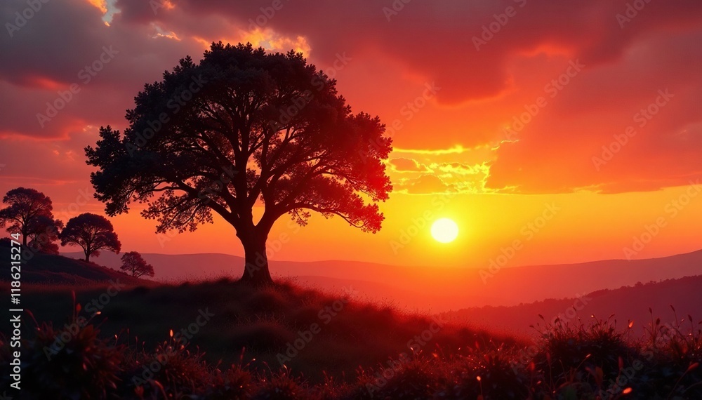 Fototapeta premium Puesta de sol en la calzada con siluetas de ?rboles, puesta de sol, sombra