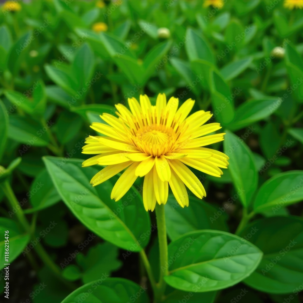 yellow dandelion with large green leaf in a lush garden, dandelion, yellow dandelion with large green leaf in a lush garden, dandelion,