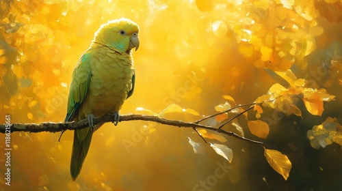 Vibrant parrot perched on branch against a backdrop of golden autumn leaves i...