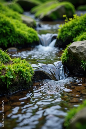 A gentle stream babbles over moss-covered stones, moss, water