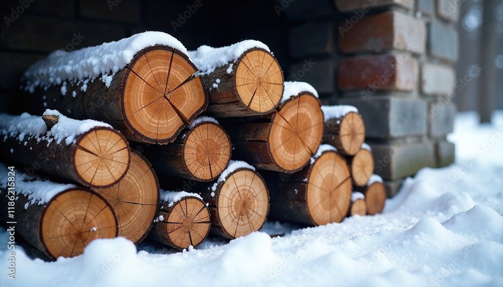 A snow-covered firewood pile with neatly stacked logs, fireplace, firewood, stack A snow-covered firewood pile with neatly stacked logs, fireplace, firewood, stack