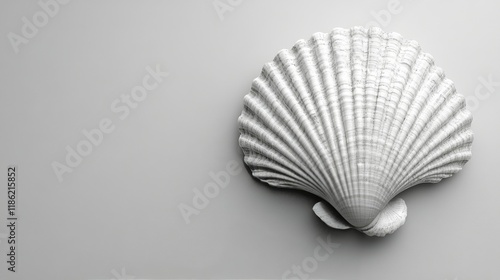 White scallop shell on a smooth gray background showcasing its intricate text...