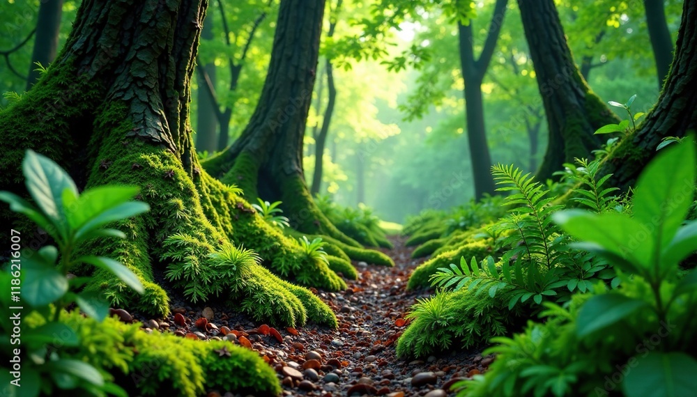 Fototapeta premium Dense foliage of moss and ferns in a shaded area, landscape, foliage
