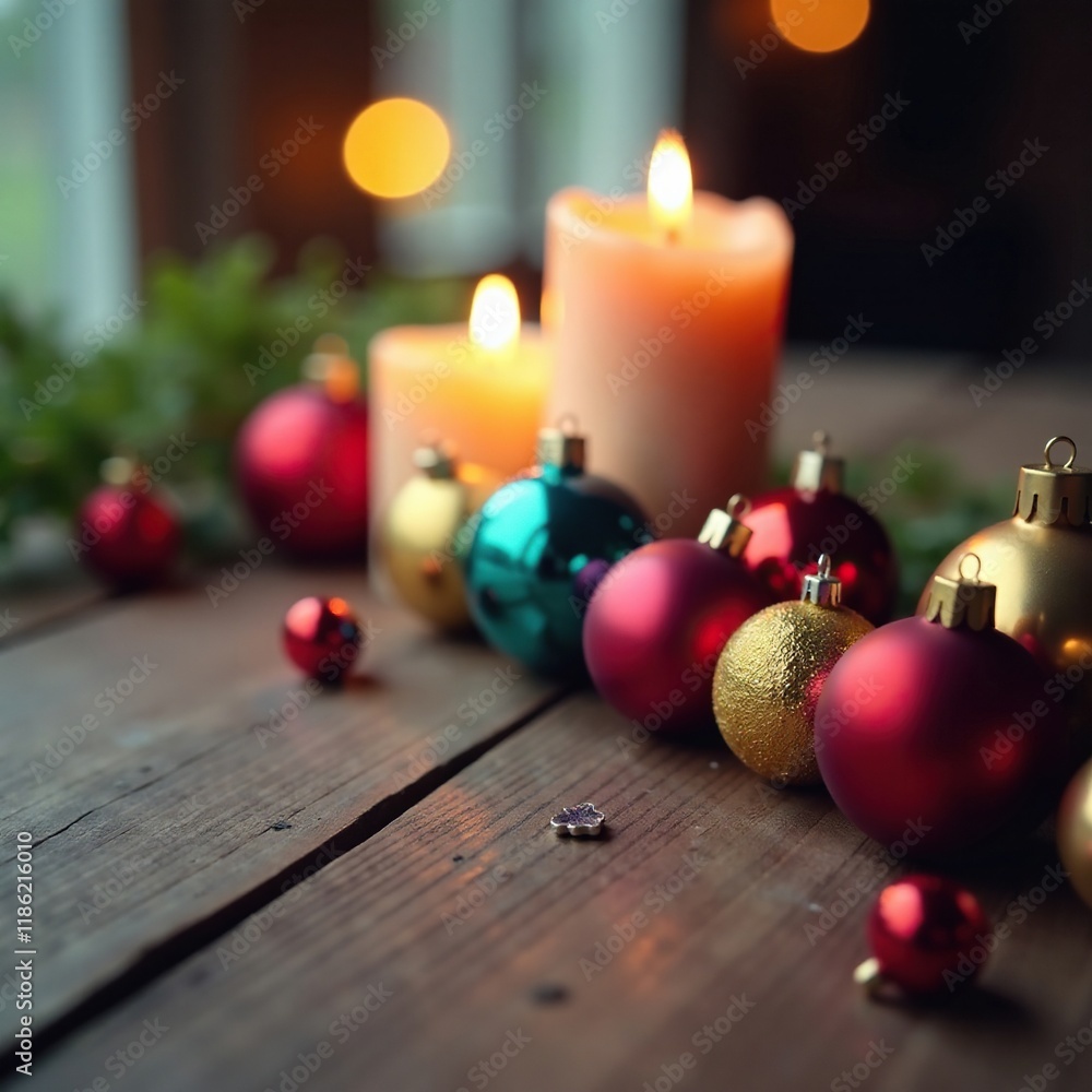 Wooden table with colorful baubles and candles in soft focus for bokeh effect, baubles, bokeh photography, warm glow Wooden table with colorful baubles and candles in soft focus for bokeh effect, baubles, bokeh photography, warm glow