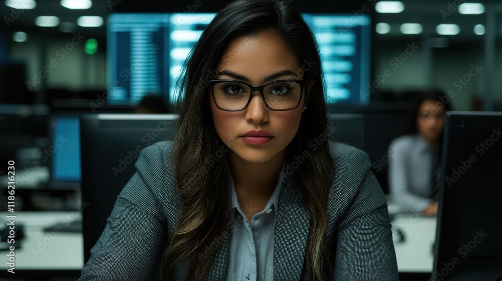 Fototapeta premium Confident hispanic female professional in modern office setting