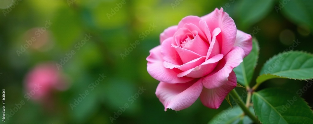 Delicate pink rose petals unfolding on a lush green branch, blossom, garden, branch Delicate pink rose petals unfolding on a lush green branch, blossom, garden, branch