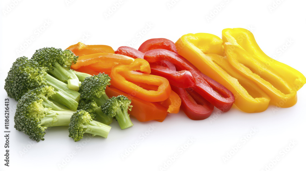 Colorful arrangement of fresh vegetables including broccoli and bell peppers