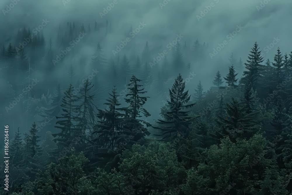 Obraz premium A misty forest landscape shrouded in fog, evoking a sense of mystery and tranquility.