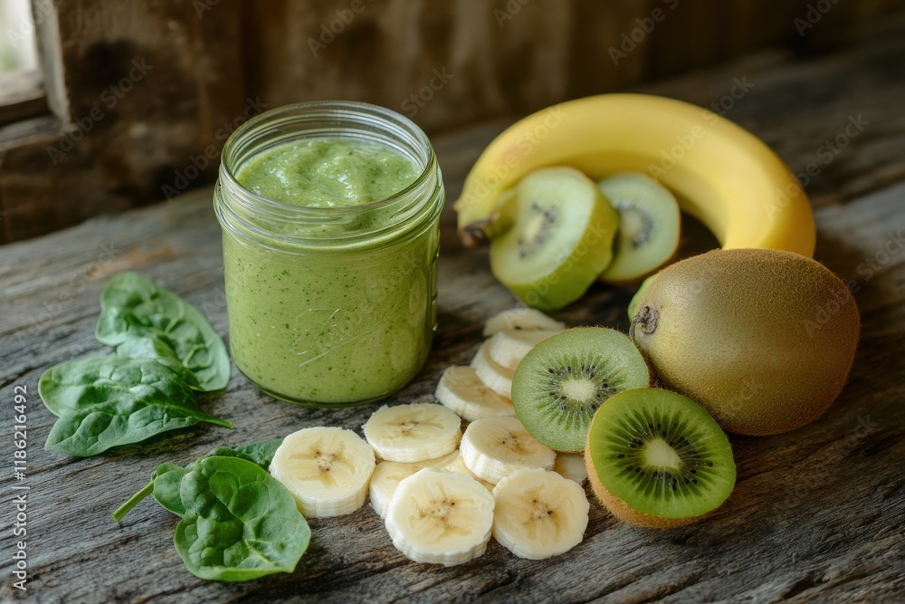 A mason jar filled with green smoothie ingredients A mason jar filled with green smoothie ingredients