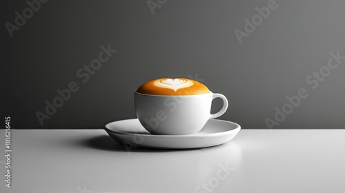 Warm coffee cup with heart-shaped latte art on a smooth table surface in a mi...