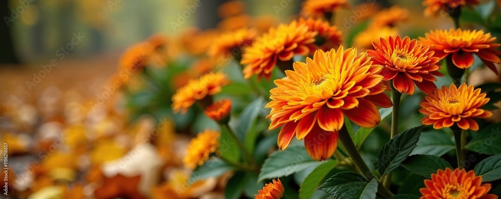 Yellow and red autumn chrysanthemums amidst fallen leaves, autumn, color Yellow and red autumn chrysanthemums amidst fallen leaves, autumn, color