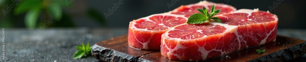 Marinated raw pork steak on a natural stone surface, marinadepork, stonebackground, porklover Marinated raw pork steak on a natural stone surface, marinadepork, stonebackground, porklover
