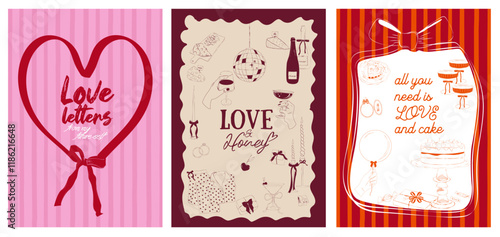 Collection of Romantic posters witn food, drink, candle and romantic elements. Romantic invitation or greeting cards. Valentines Day, Save the date, Wedding illustration. Editable vector illustration.
