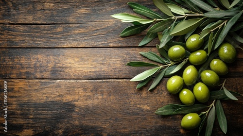Fresh green olives and olive leaves arranged on rustic wooden table