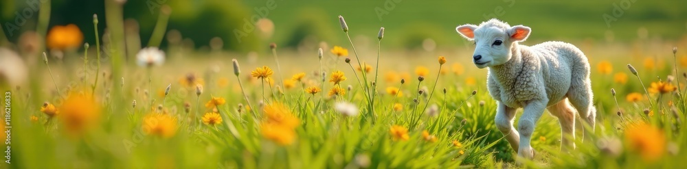 Obraz premium A lamb wanders through tall grass amidst blooming wildflowers, tall, wildflower