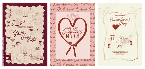 Collection of Romantic posters witn food, drink, candle and romantic elements. Romantic invitation or greeting cards. Valentines Day, Save the date, Wedding illustration. Editable vector illustration.
