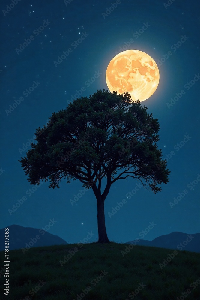 Fototapeta premium A single tree lit up by the full moon shining brightly in the night, night, glow, lunar