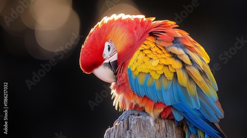 Colorful parrot perched on a wooden rail during a soft sunset glow in nature