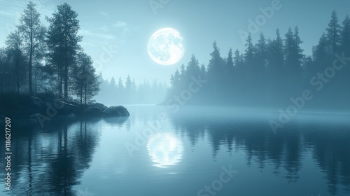 Moonlit calm over serene lake surrounded by misty pine trees at night