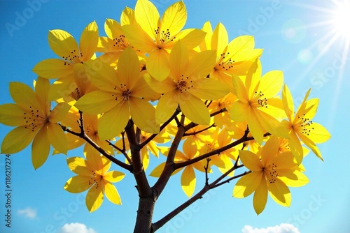 Cassia fistula tree with large bright yellow flowers shining in the sun, cassia fistula, shine photo