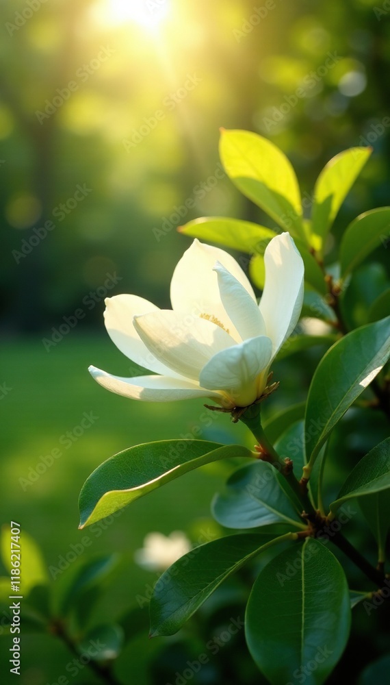 Fototapeta premium Sunlight filters through white magnolia blooms in a lush green garden, filter, magnolia