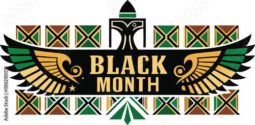 Creative black history month banner with bold African inspired geometric patterns and a powerful Sankofa symbol representing heritage