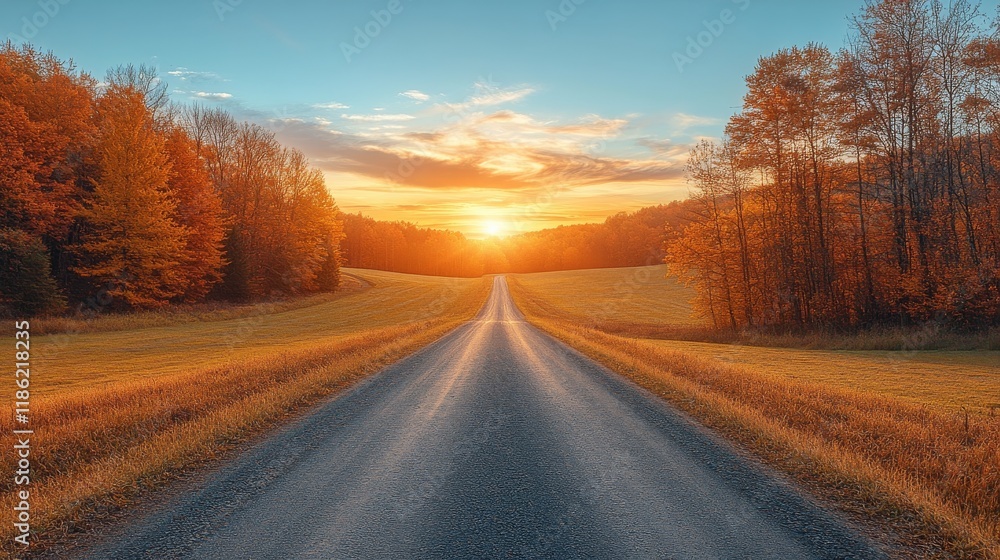 Serene road lined with trees leading to a calm lake in a cloudy setting Serene road lined with trees leading to a calm lake in a cloudy setting