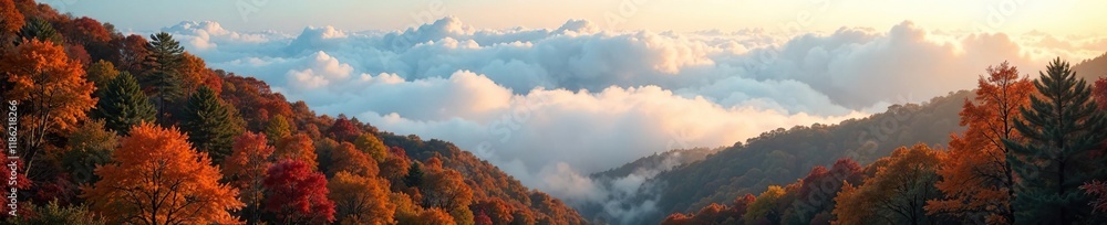 Misty air and clouds create an ethereal atmosphere above a sea of autumn colored leaves, clouds, forest foliage, scenery Misty air and clouds create an ethereal atmosphere above a sea of autumn colored leaves, clouds, forest foliage, scenery