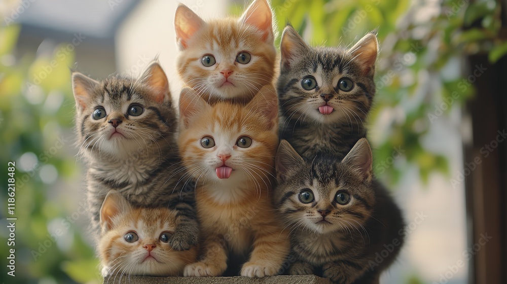 Fototapeta premium Stack of mischievous cats posing like a totem pole, each cat showing a unique funny expression. The top cat wears bunny ears, adding a quirky and playful twist.