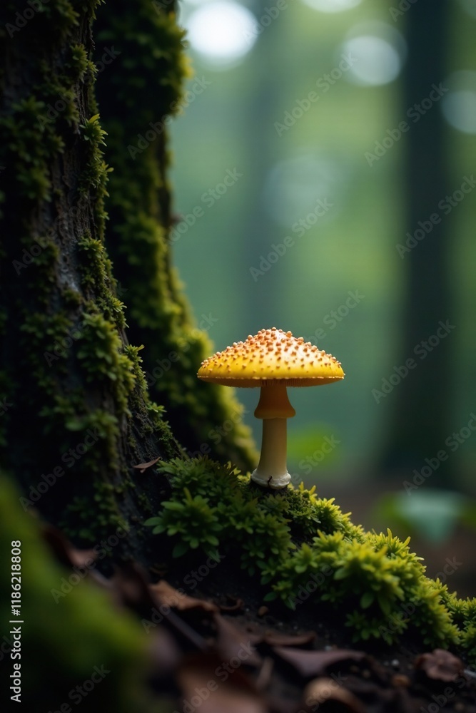 Fototapeta premium A lone bright yellow mushroom on a tree trunk, wild, colors