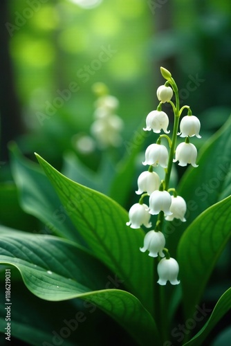 White lily of the valley flowers blooming in a lush tropical garden, bloom, botanical