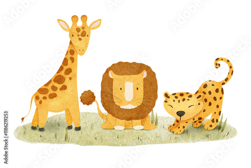 Photography African jungles animals rhino, lion, monkey, giraffe, leopard, crocodile, toucan, tropical leaves