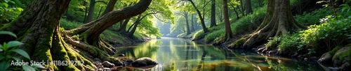 Gentle River bends around ancient tree trunks, trees, gnarled branches