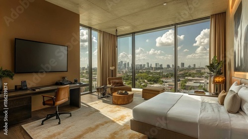 Modern hotel room with city skyline view and natural light during daytime