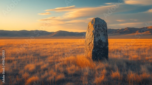 Tall stone monolith in a vast golden grass field at sunrise, under a colorful...