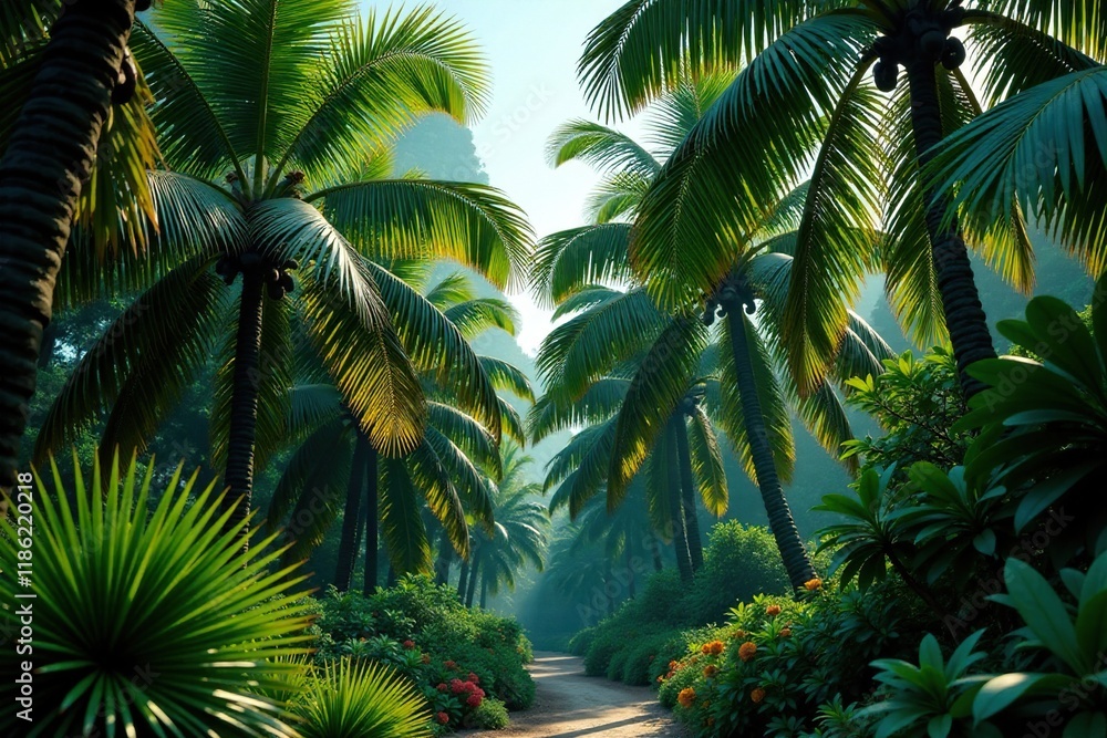 Fototapeta premium Dense foliage of palm trees and tropical plants, botanical, palm tree, nature