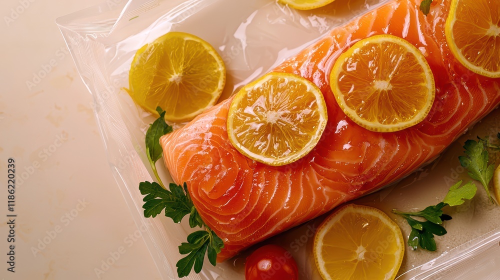 Fresh wild salmon with lemon slices and herbs in vacuum pack