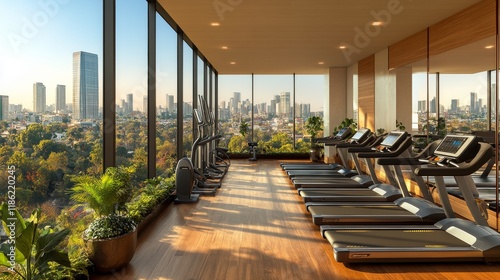 Modern fitness center with large windows overlooking a lush outdoor pool area
