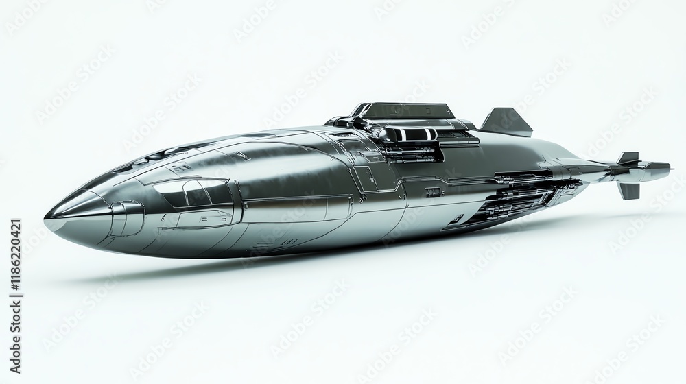 Sleek, futuristic submarine model on a white isolated background. Sleek, futuristic submarine model on a white isolated background.