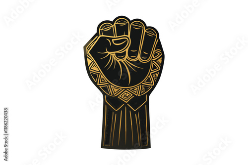 Empowering raised fist design in black and gold tribal aesthetics, celebrating heritage and unity Black History Month