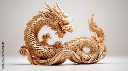  Dragon coiled around red Chinese coin symbolizing good luck and prosperity, on clean white background. Traditional Asian imagery and cultural symbol for wealth and fortune. photo