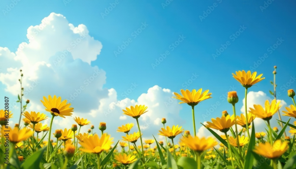 Bright yellow daisies against a clear blue sky with white clouds, sunflower, sky