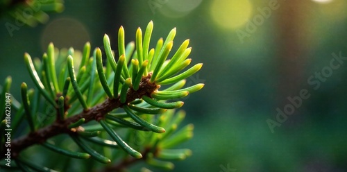 Pine sapling leaves unfurling from shimmering topaz and garnet gems, landscape, earthy photo