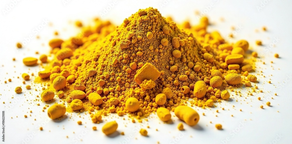 A large handful of turmeric spice and other spices poured onto a white canvas, turmeric, messy