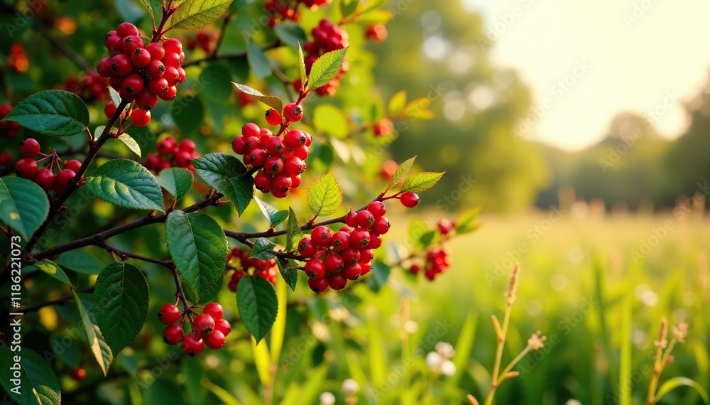 Burning bush with bright red berries and green foliage in a sunny meadow, field, meadow, Burning bush with bright red berries and green foliage in a sunny meadow, field, meadow,