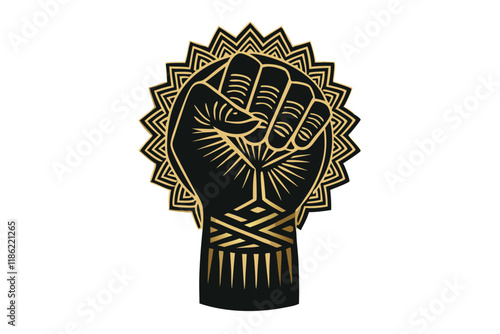 Intricately detailed raised fist silhouette with golden patterns, celebrating African culture and empowerment Black History Month