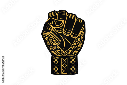 Cultural symbolism through a raised fist adorned with African golden tribal motifs, representing resilience Black History Month