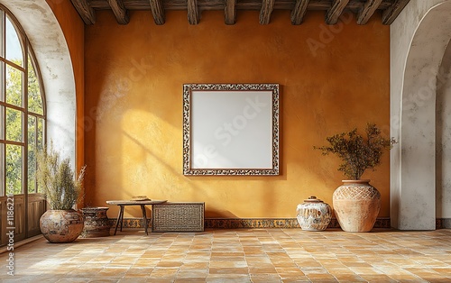 Sunlit Mediterranean room, empty frame, pottery.  Interior design mockup