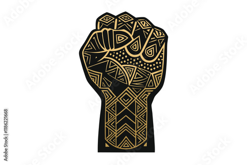 Black and gold raised fist with tribal geometric patterns, a powerful icon of unity and strength Black History Month