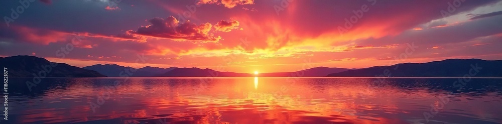 Fototapeta premium Warm oranges and pinks dance across the sky as sunset falls on Salt Lake's calm surface, americanwest, sunset, water